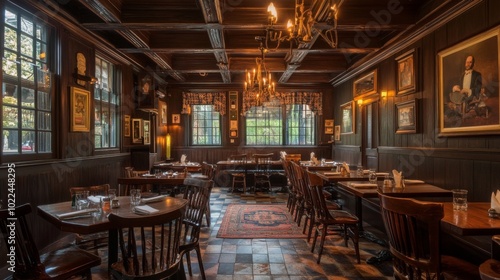 A Rustic Dining Room with Wood Paneling, Chandeliers, and Windows