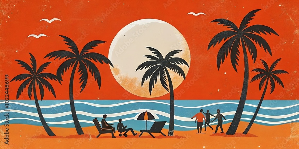 Fototapeta premium Vintage-style collage of a tropical beach scene featuring beachgoers and palm trees against an orange and blue sky with a full moon, exuding mid-century travel nostalgia.