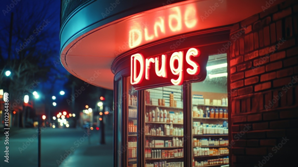 Fototapeta premium A Nighttime View of a Pharmacy with a Neon Sign