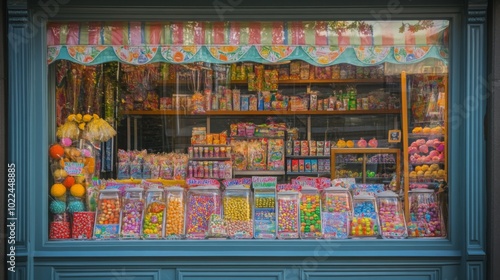 A colorful display of candy in a store window