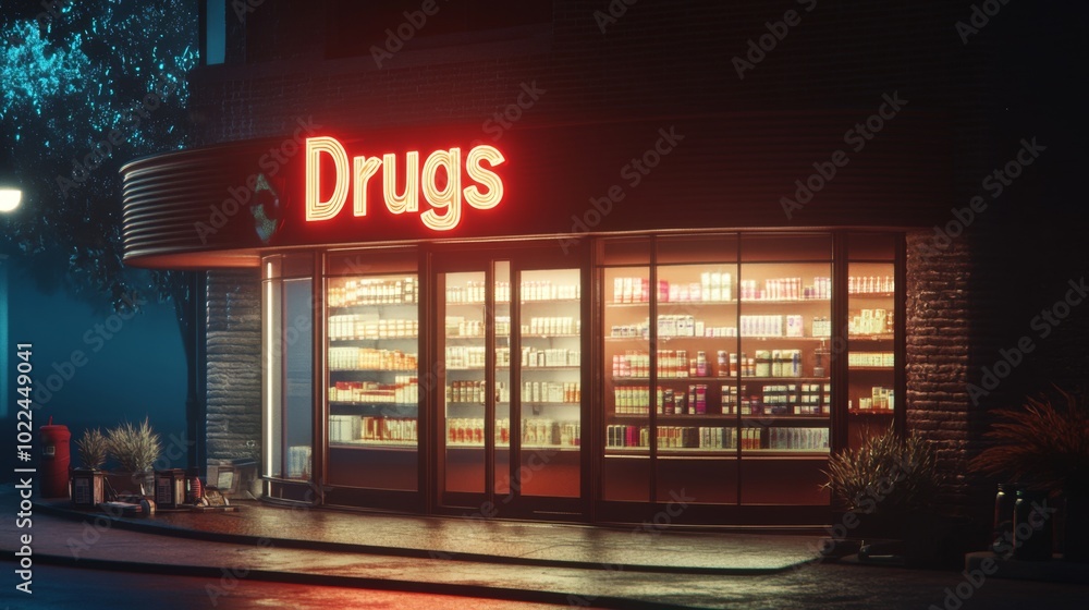 A Nighttime View of a Pharmacy with a Neon Sign A Nighttime View of a Pharmacy with a Neon Sign