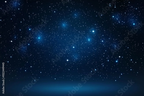 Starry night sky with deep blue tones, distant stars and constellations, mysterious and ethereal atmosphere with soft glow.