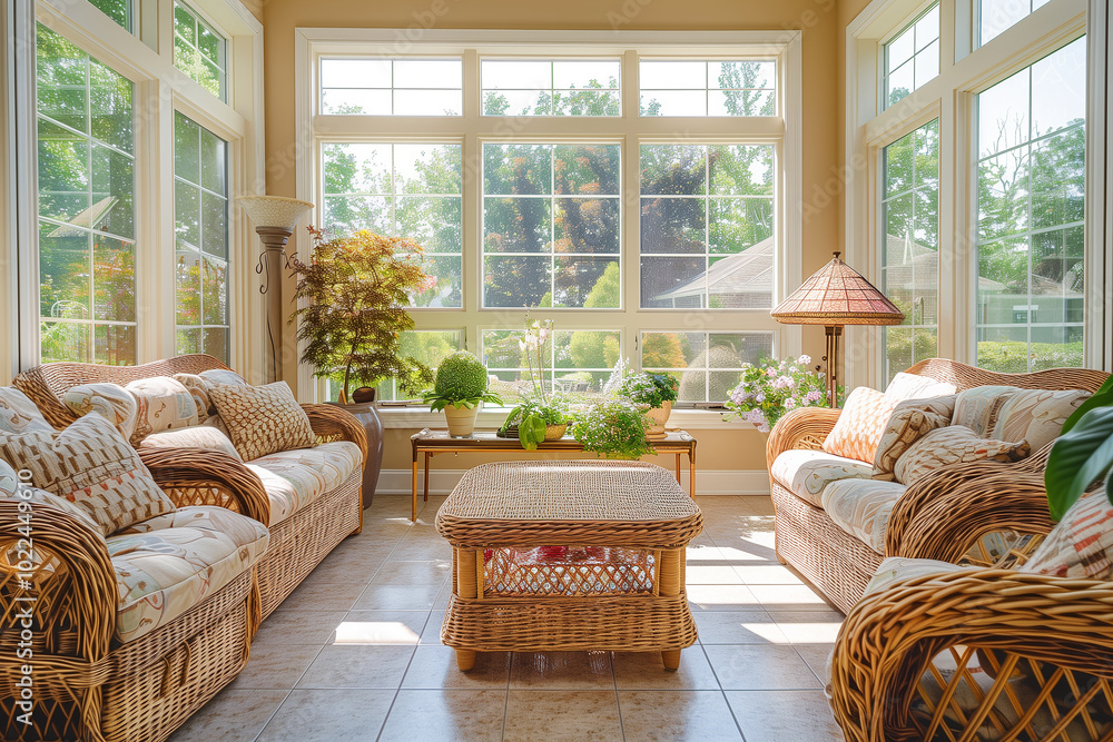 Warm-toned sunroom with large windows and comfortable wicker furniture. interior design Warm-toned sunroom with large windows and comfortable wicker furniture. interior design