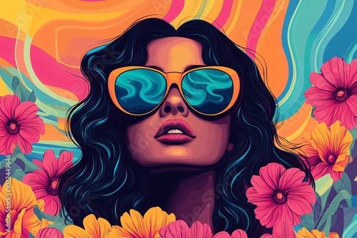 Vibrant Retro Woman with Sunglasses in a Trippy 70s-Style Landscape