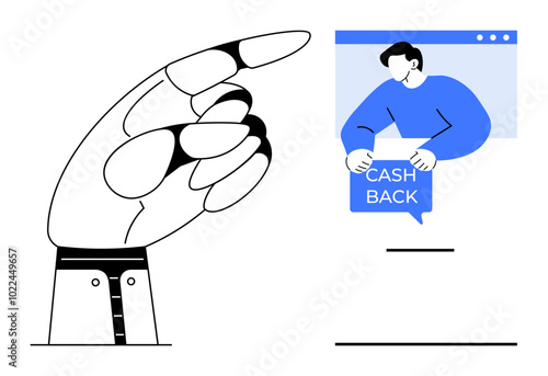 Large hand points at person holding cash back message. Ideal for marketing, financial services, promotions, online shopping, and rewards programs. Minimalist style