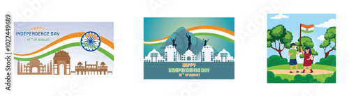 Happy Independence Day of India. Happy independence day India. Indian students or children holding flags with greenery background. Set flat vector modern illustration