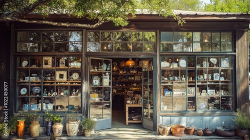 Wallpaper Mural A Rustic Wooden Shop Front With Display Windows and Potted Plants Torontodigital.ca