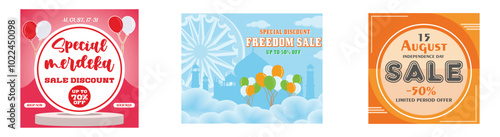 Indonesia independence day sale. Indian Independence Day Sale. August 15 celebration. Set flat vector modern illustration