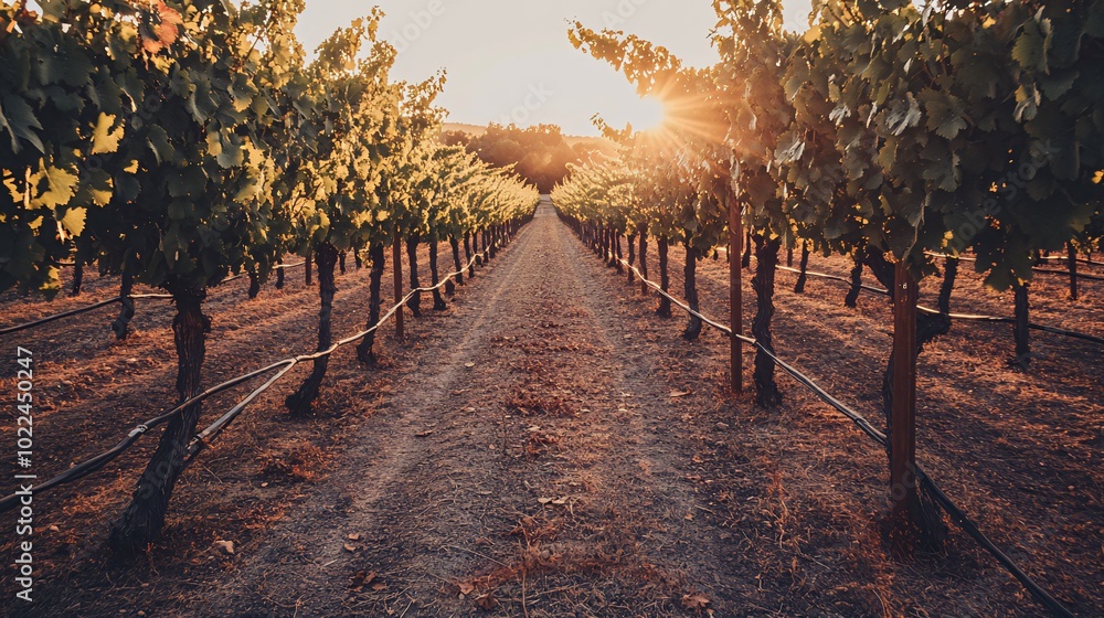 Naklejka premium A picturesque view of a vineyard at sunset, with rows of grapevines leading to the golden horizon.
