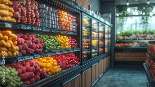 Colorful produce display in a grocery store.