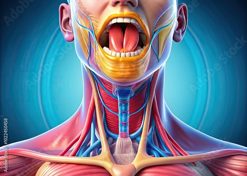 An educational illustration of the human larynx, featuring the glottis and vocal cords, essential for understanding sound production and respiratory functions in the throat. photo