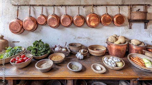Wallpaper Mural A rustic kitchen counter with copper pots hanging on the wall, and a variety of fresh produce and ingredients laid out on the wooden countertop. Torontodigital.ca