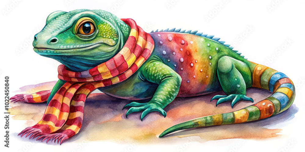 Obraz premium colorful reptile wearing vibrant scarf, illustrated in whimsical watercolor style. This charming creature showcases blend of bright colors and intricate details, evoking playful and imaginative
