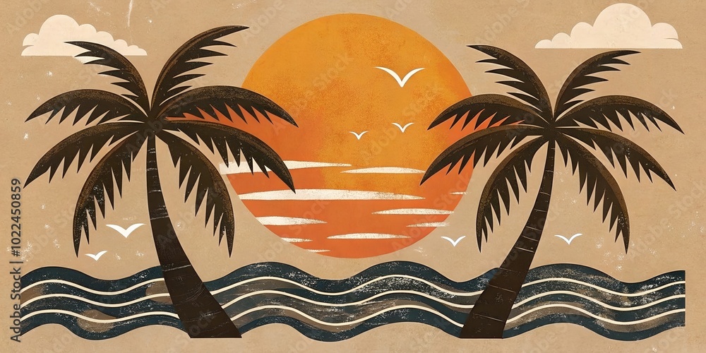 Stylized tropical beach scene with a warm sunset glow, featuring vibrant palm leaves and a sea reflecting the orange sun, ideal for conveying relaxation and paradise vibes.
Stylized tropical beach scene with a warm sunset glow, featuring vibrant palm leaves and a sea reflecting the orange sun, ideal for conveying relaxation and paradise vibes.