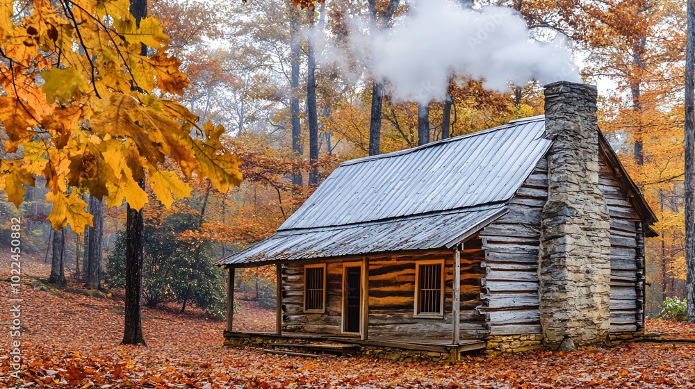 A rustic log cabin with smoke rising from the chimney, surrounded by fall foliage. A rustic log cabin with smoke rising from the chimney, surrounded by fall foliage.