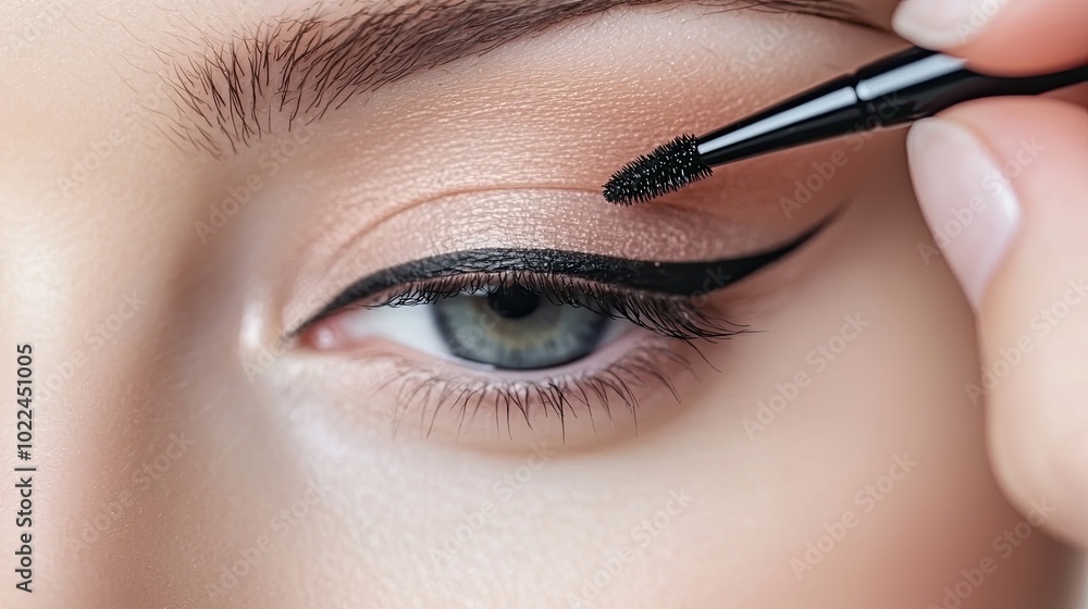 Naklejka premium A close-up of a woman applying eyeliner, showcasing precision and beauty in her makeup routine.
