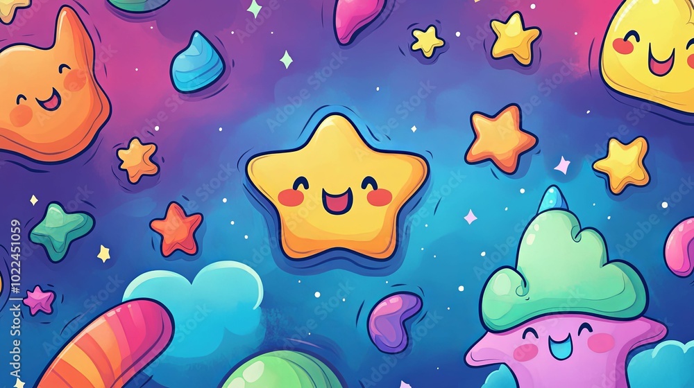 Smiling Cartoon Stars and Shapes in a Galaxy Smiling Cartoon Stars and Shapes in a Galaxy
