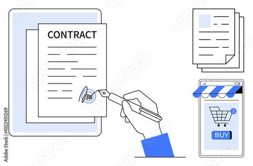 A hand signing a contract on a tablet, documents stacked beside, and an online shopping cart on a mobile device with a three-item notification. Ideal for business, e-commerce, digital transactions