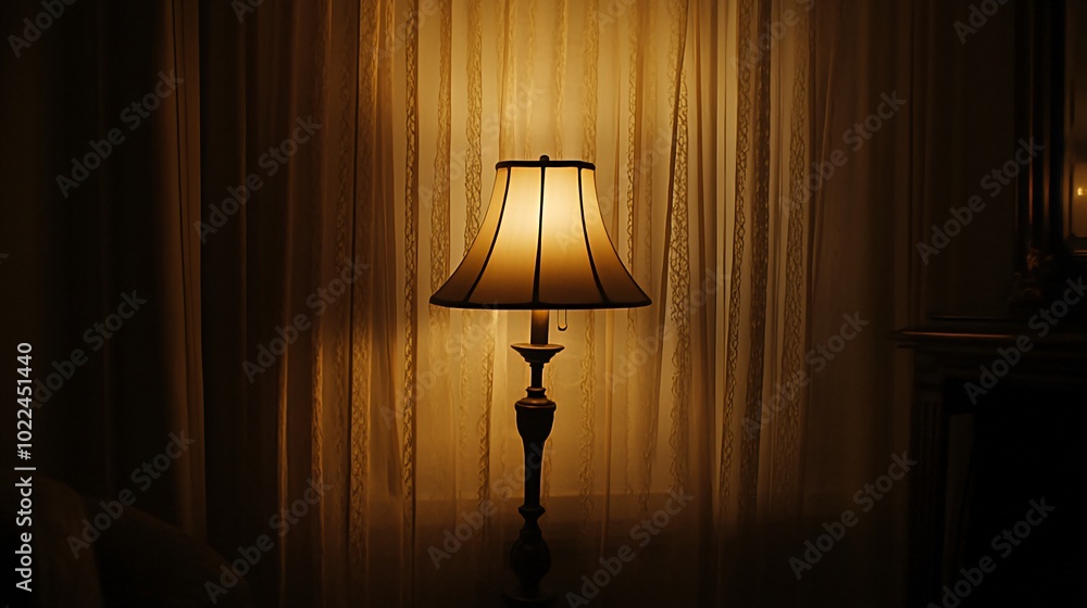 A single lamp casts a warm glow through sheer curtains in a dimly lit room. A single lamp casts a warm glow through sheer curtains in a dimly lit room.
