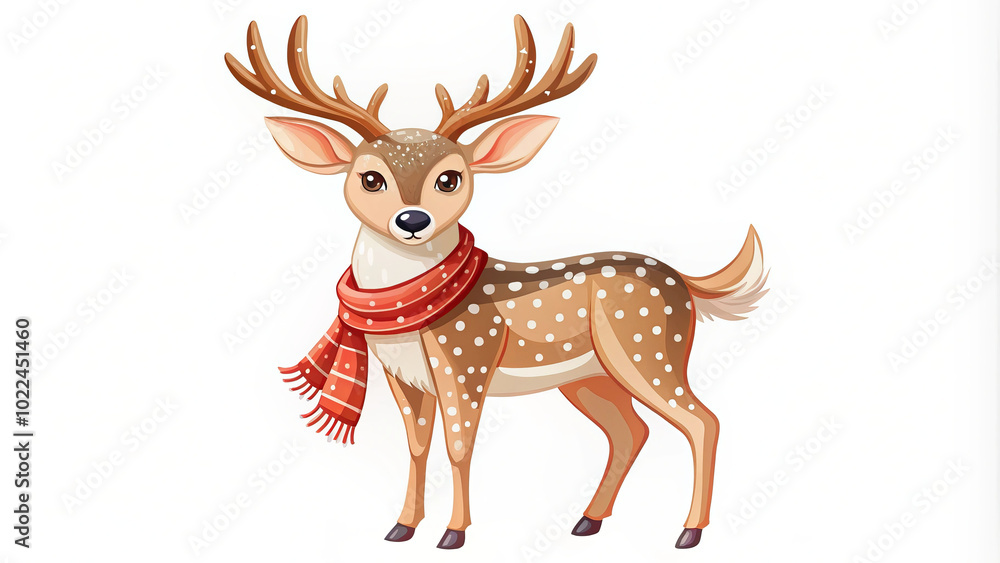 Whimsical deer wearing red scarf, standing proudly with charming expression. This delightful illustration captures essence of playful winter spirit Whimsical deer wearing red scarf, standing proudly with charming expression. This delightful illustration captures essence of playful winter spirit