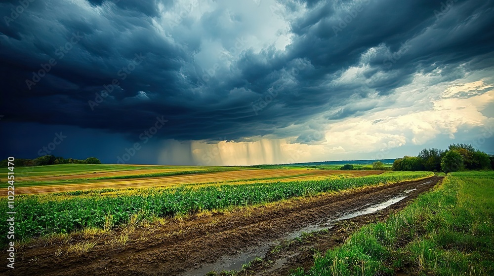 Obraz premium Stormy Clouds Over a Lush Green Field and Dirt Road