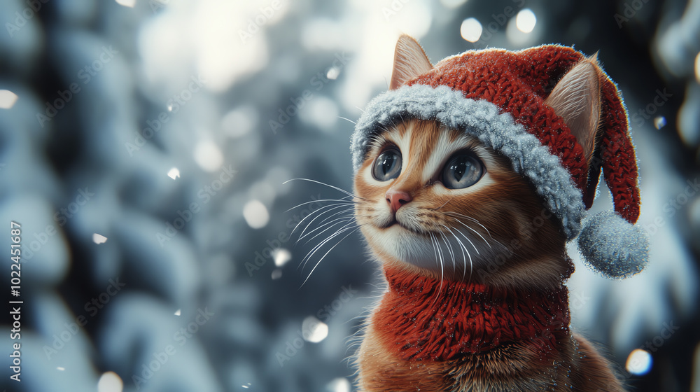 A charming orange kitten wearing a festive Santa hat gazes curiously amidst a snowy background, capturing the spirit of Christmas with its playful and adorable demeanor. A charming orange kitten wearing a festive Santa hat gazes curiously amidst a snowy background, capturing the spirit of Christmas with its playful and adorable demeanor.