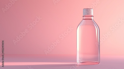 A minimalist glass bottle filled with clear liquid, set against a soft pink background, creating a serene and elegant aesthetic.