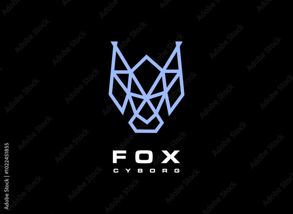 A geometric representation of a fox's head in blue with the text A geometric representation of a fox's head in blue with the text