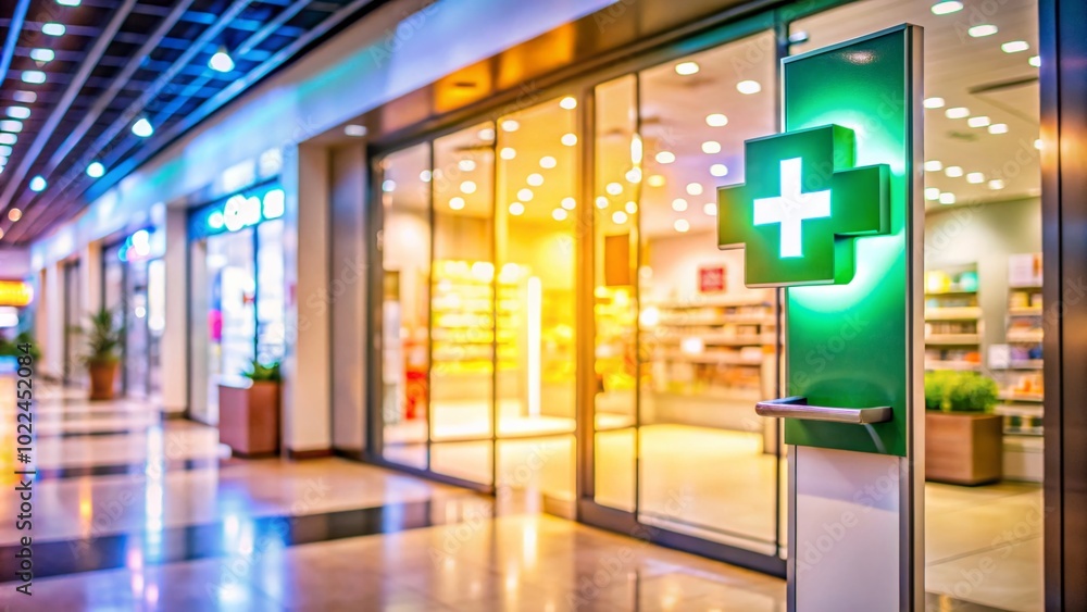 Pharmacy Entrance in Hospital with Stylish Signage and Bokeh Effect for Accessible Medicine Pharmacy Entrance in Hospital with Stylish Signage and Bokeh Effect for Accessible Medicine