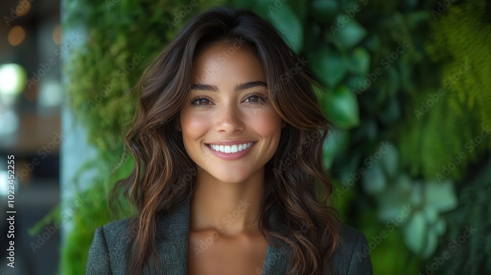 confident businesswoman smiling in front of a lively green backdrop her dark hair flowing dressed in a professional outfit capturing a sense of empowerment and approachability confident businesswoman smiling in front of a lively green backdrop her dark hair flowing dressed in a professional outfit capturing a sense of empowerment and approachability