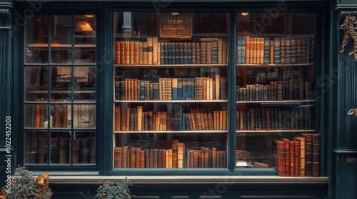 Window Display of a Bookshop with Shelves Filled with Books