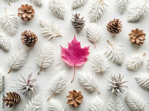 Pink Leaf and White Leaves with Pine Cones on White Background - Nature Photography