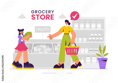 Vector Illustration of a Grocery Store Shelf Stocked with Assorted Food Items and Products for Daily Shopping Needs in a Flat style Background