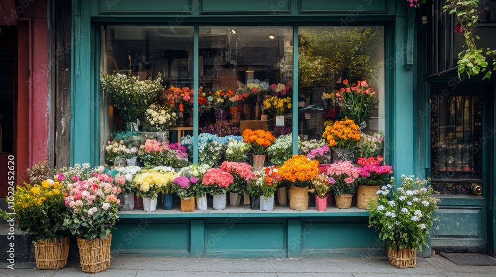Fototapeta premium Colorful Flower Arrangement Displayed in Front of a Store Window
