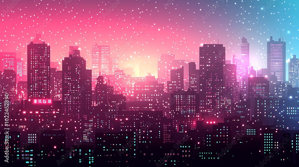 A vibrant cityscape with a pink and blue night sky and twinkling lights. A vibrant cityscape with a pink and blue night sky and twinkling lights.