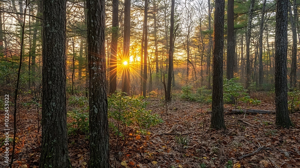 Obraz premium Sunbeams Through the Trees in a Misty Forest