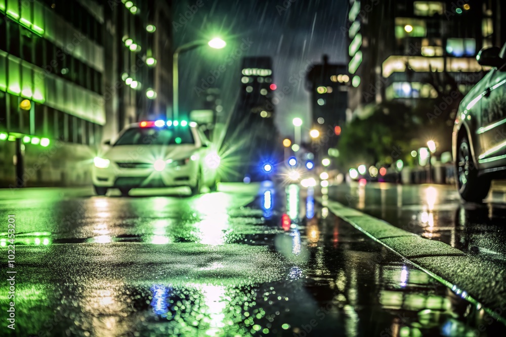 Fototapeta premium Police Lights Reflecting on Rainy City Streets – Urban Emergency Scene