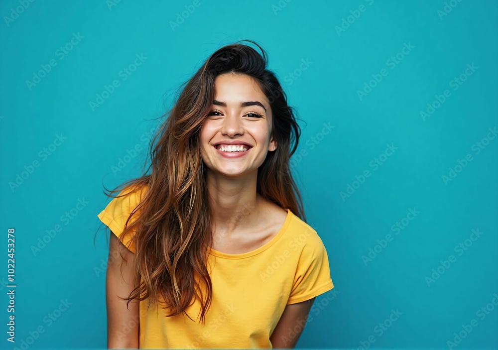 Fototapeta premium Smiling Female Model with a Blue Background - A Bright and Approachable Portrait Highlighting Natural Charm