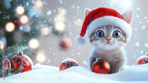 A cute kitten wearing a festive Santa hat, surrounded by Christmas ornaments and snow, creating a cheerful holiday atmosphere.