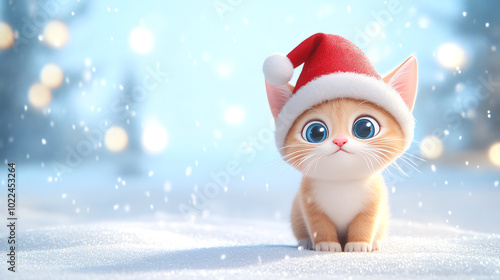 A cute kitten wearing a festive Santa hat, sitting amidst falling snowflakes, creating a charming winter scene with a soft, dreamy background.