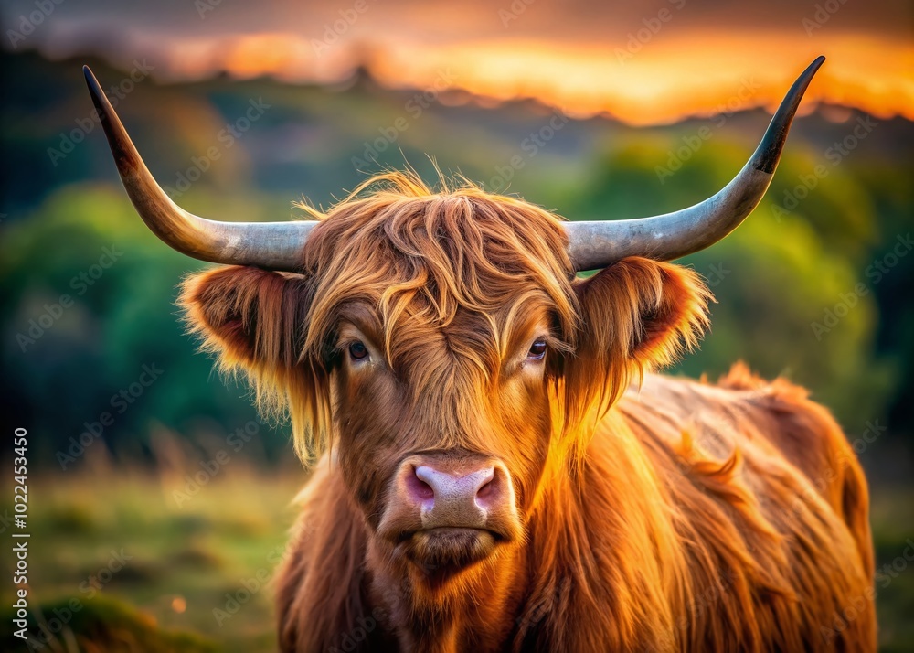 Portrait of a Scottish Highland Cow with Shaggy Reddish Fur and Horns, Nature Photography, Farm Animals Portrait of a Scottish Highland Cow with Shaggy Reddish Fur and Horns, Nature Photography, Farm Animals