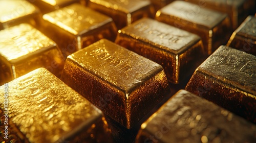 Close-up of Stacked Gold Bars with Glowing Reflections