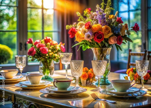 Wallpaper Mural An exquisite dining table set features delicate china, shimmering crystal glasses, and a breathtaking floral centerpiece, perfect for enhancing the elegance of any occasion. Torontodigital.ca