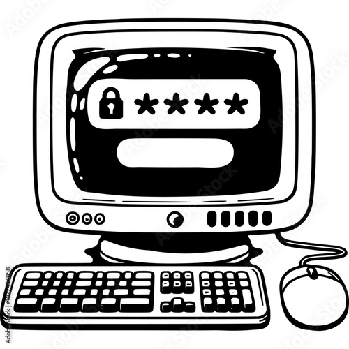 Computer is protected with a strong password in monochrome. Simple minimalistic vector in black ink drawing on transparent background