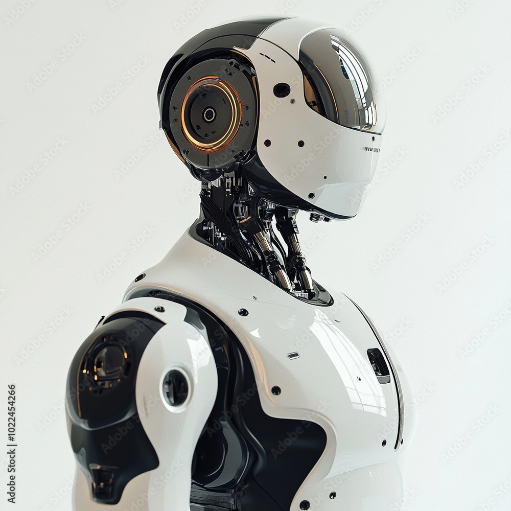 The Future is Here: A sleek, humanoid robot stands poised, its advanced design and metallic features hinting at the dawn of a new era. Its gaze is fixed on the horizon. The Future is Here: A sleek, humanoid robot stands poised, its advanced design and metallic features hinting at the dawn of a new era. Its gaze is fixed on the horizon.