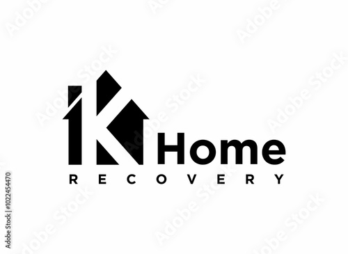 K Logo design featuring a house silhouette and text indicating home recovery services.