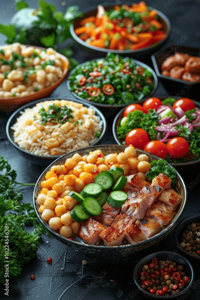 Top View of Delicious Asian Cuisine with Vegetables and Meat on Dark Background Top View of Delicious Asian Cuisine with Vegetables and Meat on Dark Background