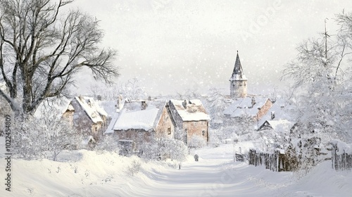 Snowy Village Street with Church Spire and Snowfall