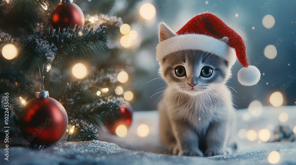 A cute kitten wearing a Santa hat sits beside a decorated Christmas tree, creating a festive atmosphere with twinkling lights and ornaments in a cozy winter setting. A cute kitten wearing a Santa hat sits beside a decorated Christmas tree, creating a festive atmosphere with twinkling lights and ornaments in a cozy winter setting.