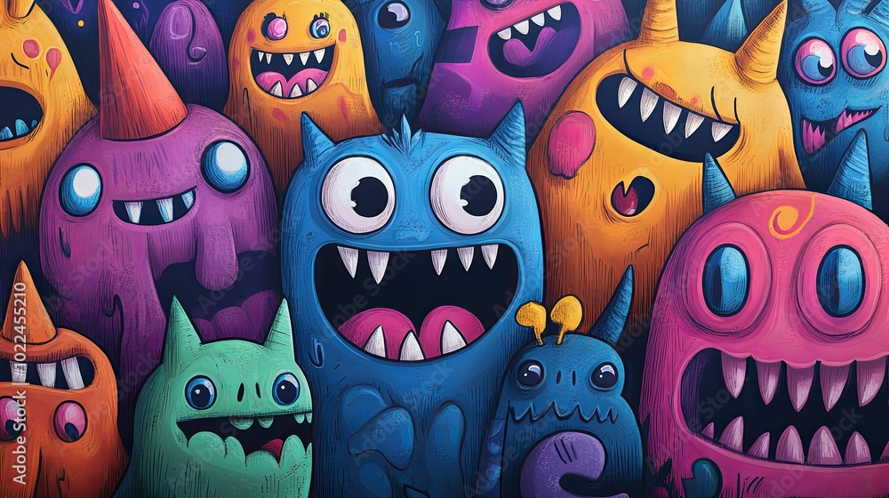 A Group of Cartoon Monsters with Large Eyes and Sharp Teeth A Group of Cartoon Monsters with Large Eyes and Sharp Teeth